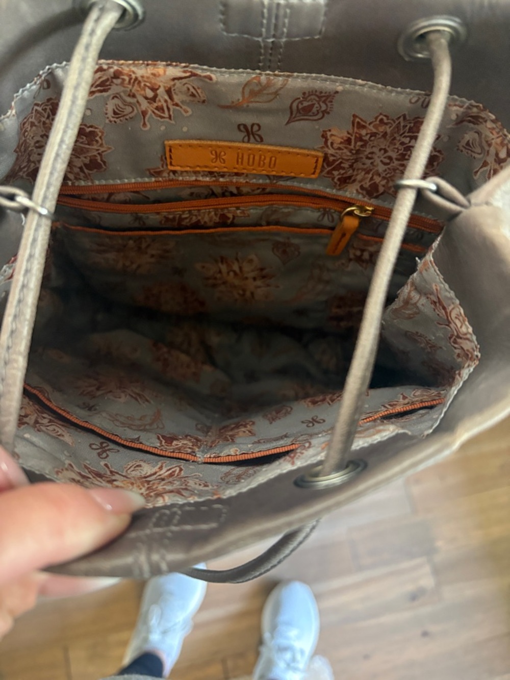 HOBO Taupe Drawstring Leather Backpack - Picture 3 of 5